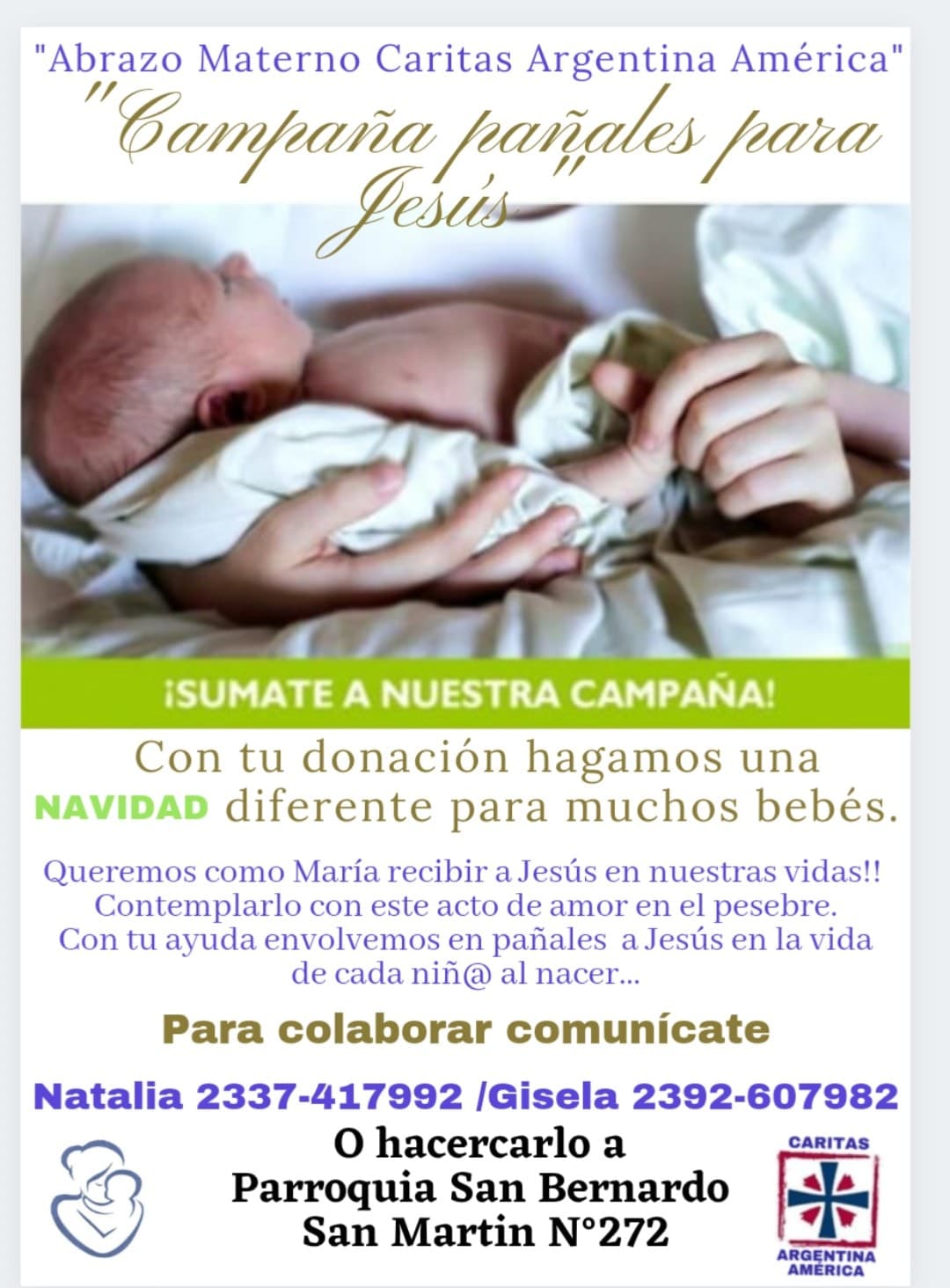 Caritas América: Te invita a participar de la campaña de donación pañales para Jesús