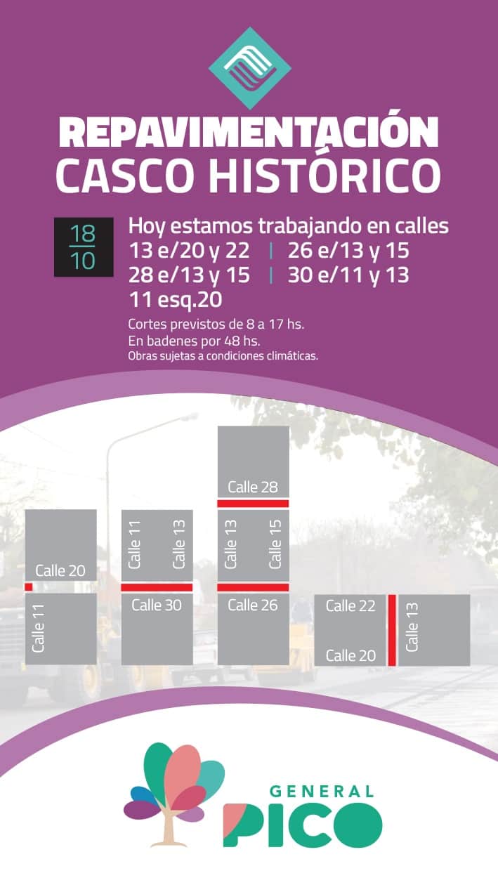 CORTES DE CALLES HOY MARTES 18 DE OCTUBRE POR LA OBRA DE REPAVIMENTACIÓN EN PICO