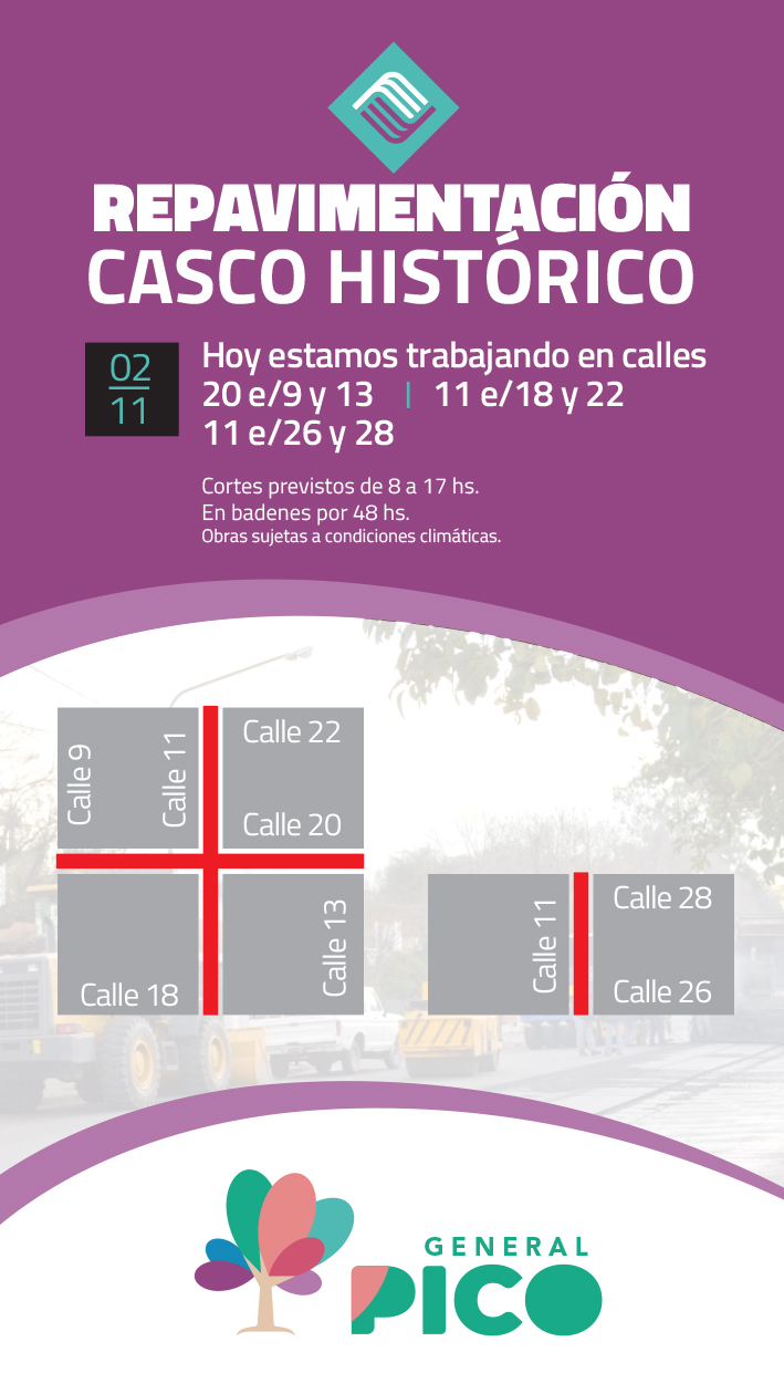 CORTES DE CALLES HOY MIÉRCOLES 2 DE NOVIEMBRE POR LA OBRA DE REPAVIMENTACIÓN EN PICO