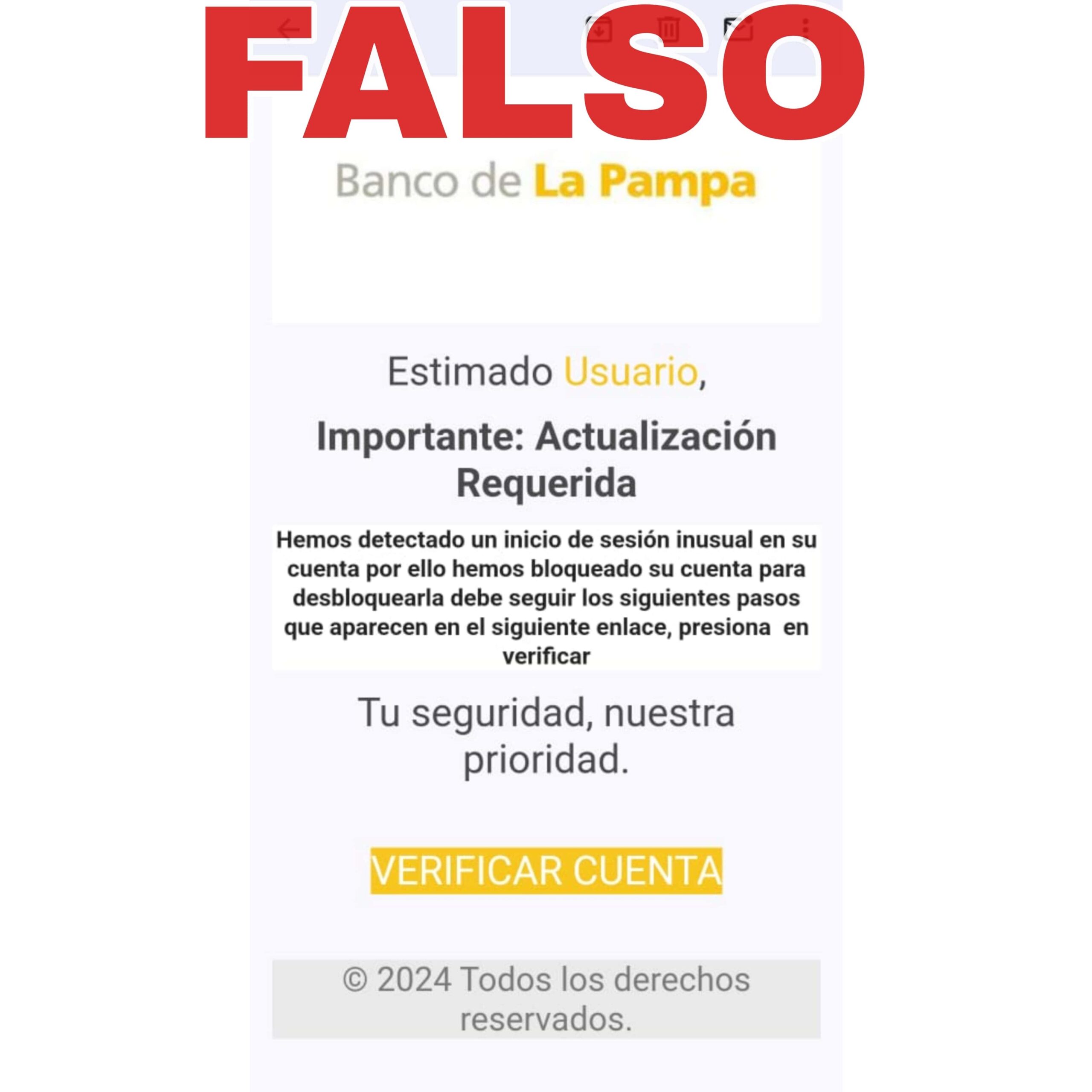 Alerta de mail fraudulento del Banco Pampa